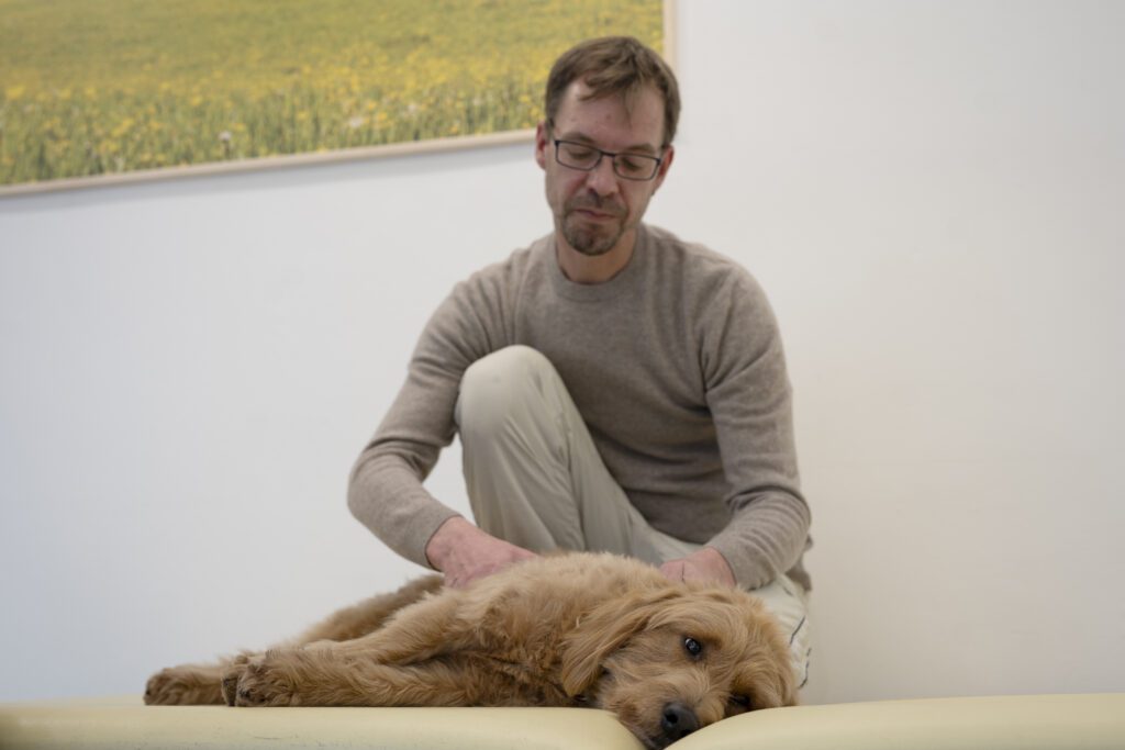 Dieter Lützel massiert liegenden Hund